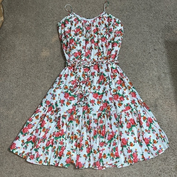 RHODE Lea Gathered Cotton Poplin Tiered Tie-Waist Midi Dress Floral White Dazzle - Picture 6 of 13